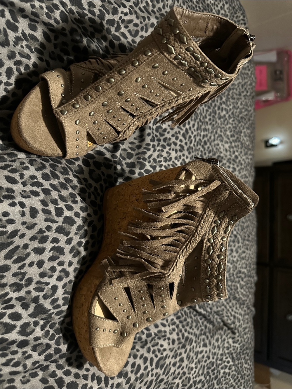 Not Rated Taupe Suede Fringe Wedge Sandals 7.5